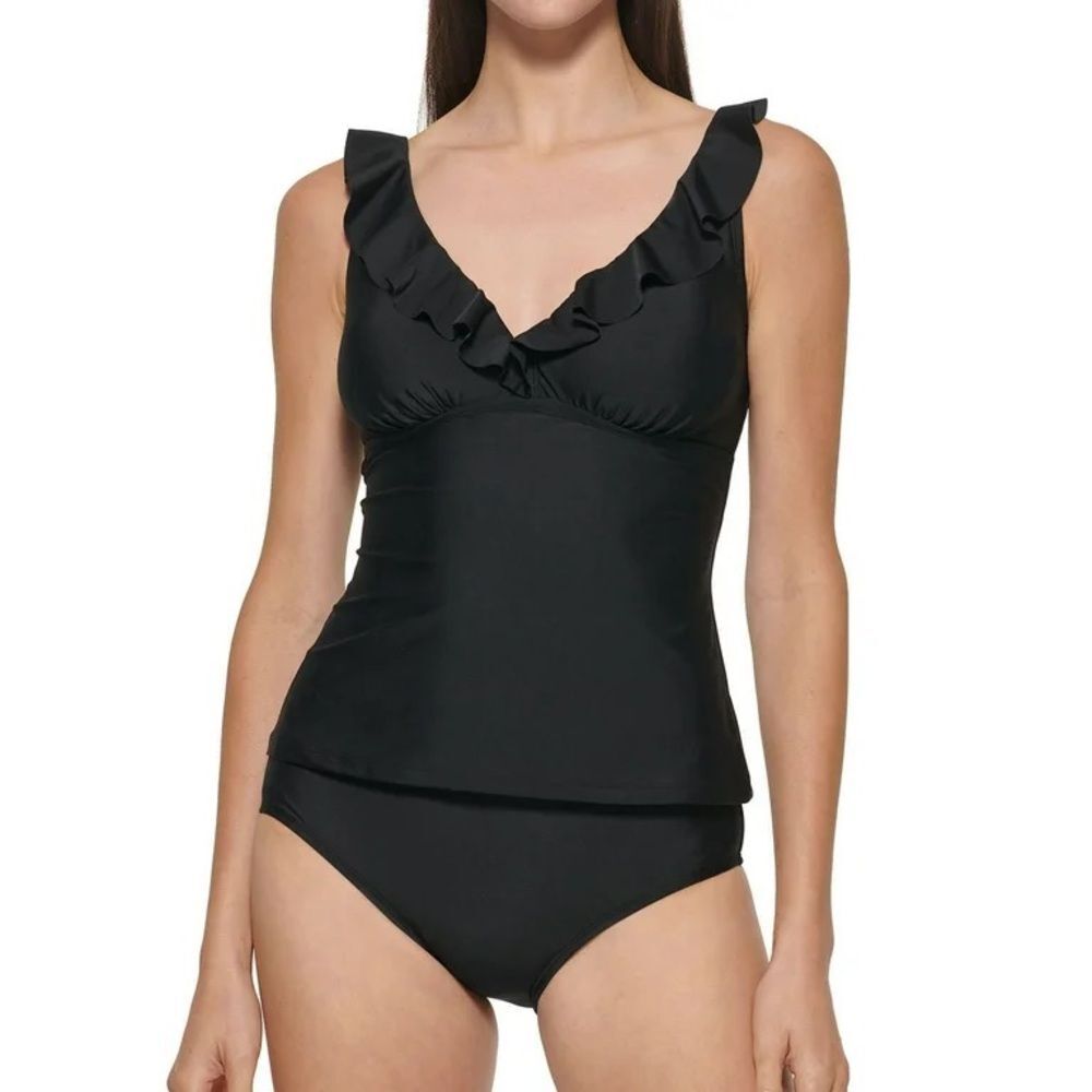 NEW DKNY black ruffle plunge neck tankini swim top women’s size large